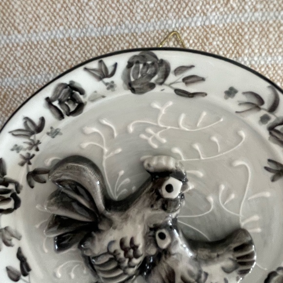 Ceramic Wall Art with Black and Gray Floral Design w 3D Roosters - Picture 1 of 16